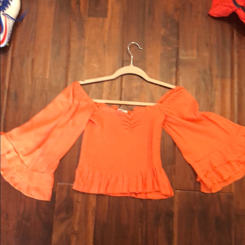 Salmon off the shoulder crop top